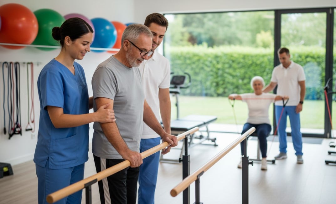 Rééducation après AVC en maison de repos en Belgique : kinésithérapie et stimulation cognitive.