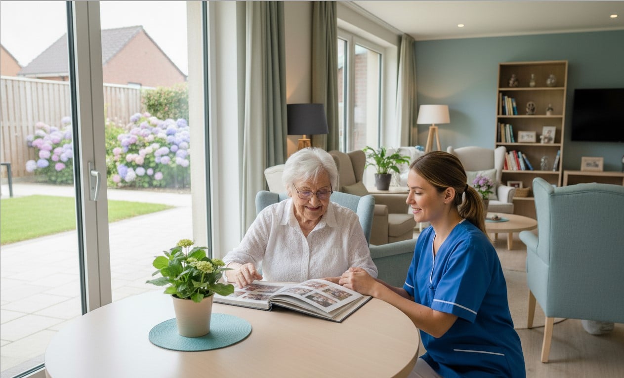 Unité Alzheimer en maison de repos en Belgique : soignante accompagnant une résidente lors d’un atelier mémoire.