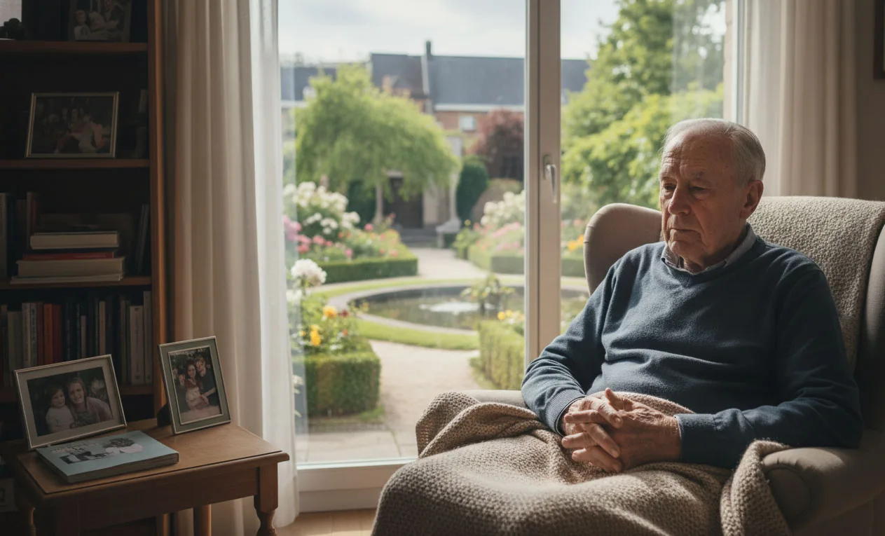 Homme âgé pensif assis près d’une baie vitrée en maison de repos, illustrant un syndrome de glissement