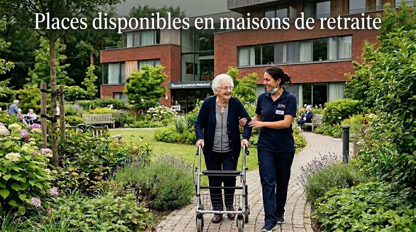Senior accompagné dans le jardin d’une maison de repos en Belgique