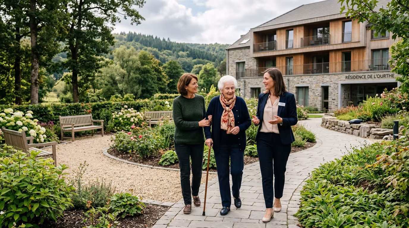 Famille visitant une maison de repos à Durbuy dans la province du Luxembourg en Belgique