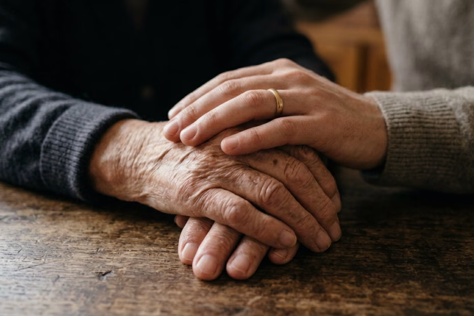 Une main posée avec douceur sur les mains âgées d'une personne, symbole de protection et d'écoute