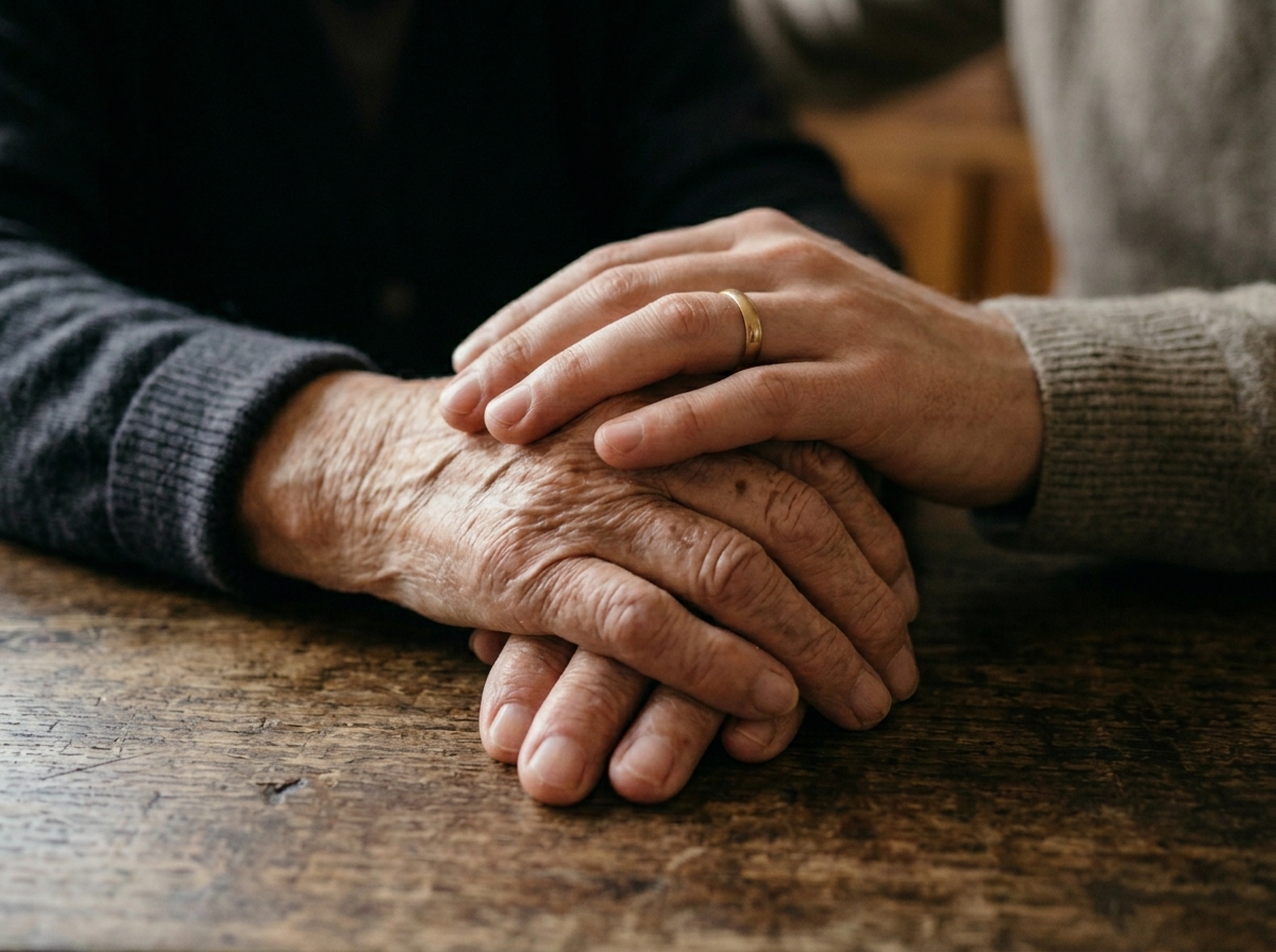 Une main posée avec douceur sur les mains âgées d'une personne, symbole de protection et d'écoute