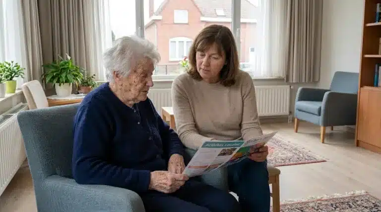 Une dame âgée et sa fille consultent ensemble une brochure dans le salon d'une maison de repos