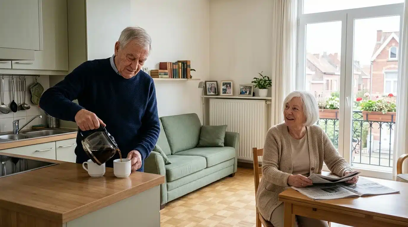 Un couple de seniors prend le café dans son appartement lumineux de résidence-services