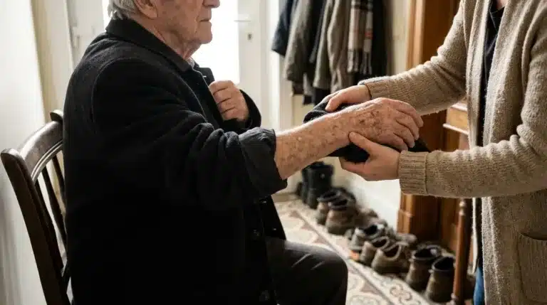 Une fille aide son père âgé à enfiler sa veste, un geste qui montre le niveau d'autonomie