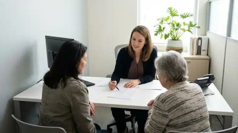 Une assistante sociale explique les aides financières à une femme et à sa mère âgée