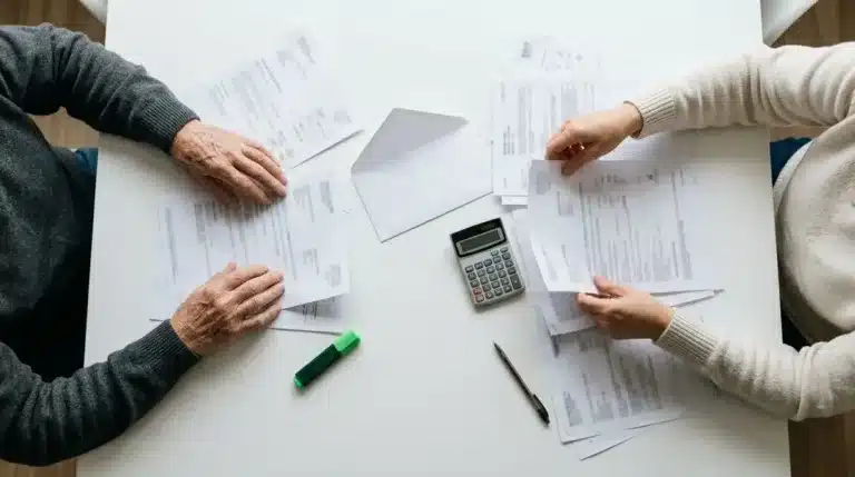 Un parent âgé et sa fille trient des factures et calculent le budget d'une maison de repos
