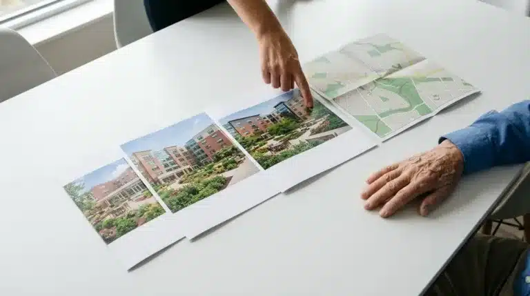 Une famille compare des brochures de maisons de repos et un plan de quartier sur une table