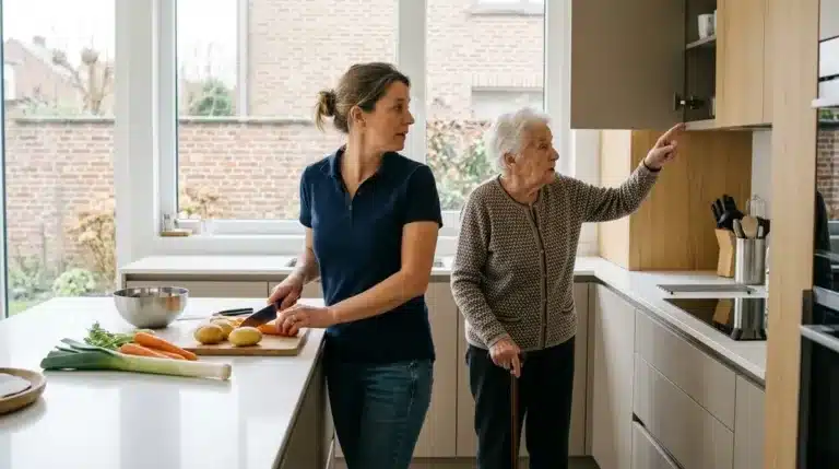 Une aide familiale prépare le repas dans la cuisine d'une dame âgée qui vit encore chez elle