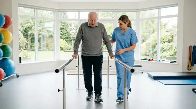 Un homme âgé atteint de Parkinson marche entre des barres parallèles avec l'aide d'une kinésithérapeute en maison de repos