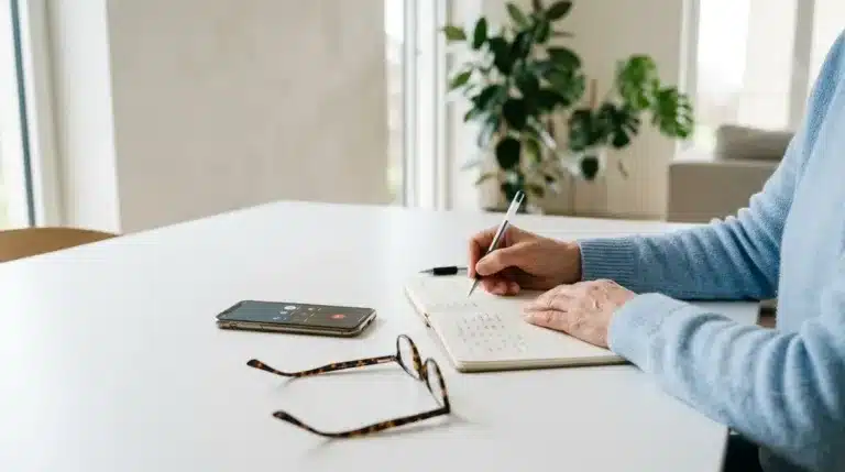 Une proche prend des notes pendant un appel avec un conseiller pour trouver une maison de repos