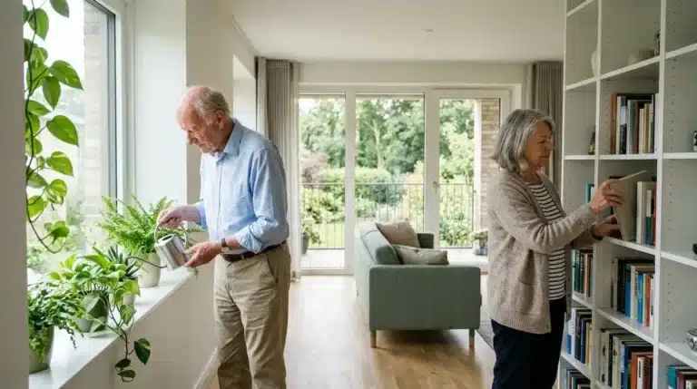 Un couple de seniors arrose ses plantes et range ses livres dans un appartement lumineux de résidence-services